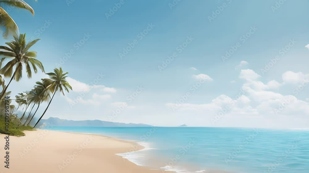 Photo Realistic Serene Beach with Palm Trees Under Clear Blue Summer Sky - Tranquil Scene Perfect for Business Presentations and Clean Summer Backgrounds Photo Realistic Serene Beach with Palm Trees Under Clear Blue Summer Sky - Tranquil Scene Perfect for Business Presentations and Clean Summer Backgrounds