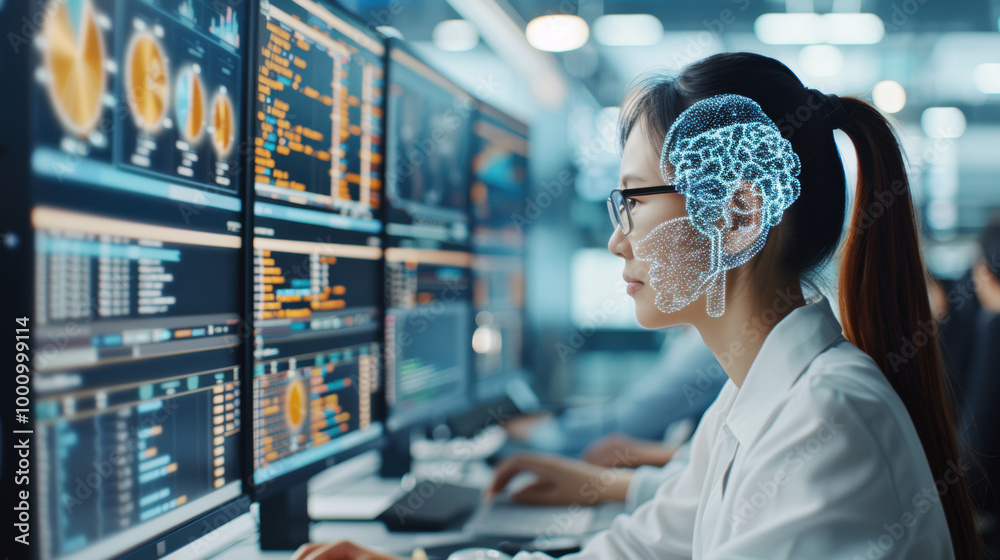 Professional Asian woman scientist IT specialist analysing futuristic brain holographic data information working with computer. AI cyber security threat artificial intelligence college Professional Asian woman scientist IT specialist analysing futuristic brain holographic data information working with computer. AI cyber security threat artificial intelligence college