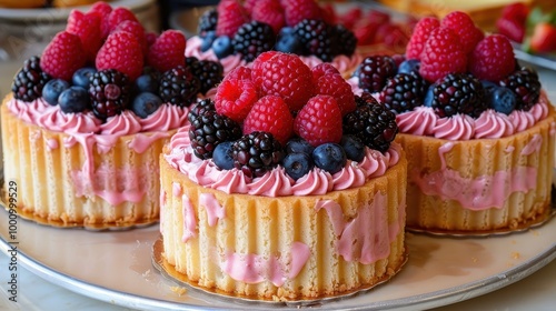 pink cream cake, decorated with red berries, strawberries, raspberries, blueberry and blackberries, celebration, delicious