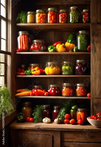 vibrant pantry display featuring brightly colored jars fresh vegetables bountiful produce compositions, abundance, archiving, arrangement, canning, colorful