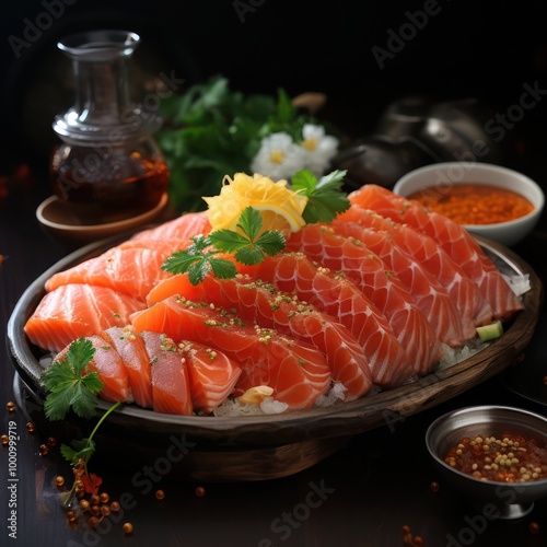 a bowl of fresh raw salmon sashimi aesthetically arrange, garnished with slices of lemon laid on a bed of ice, all ready to be consumed