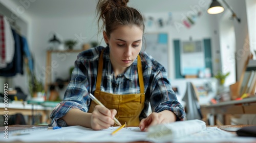 A woman is writing with a pencil on a piece of paper