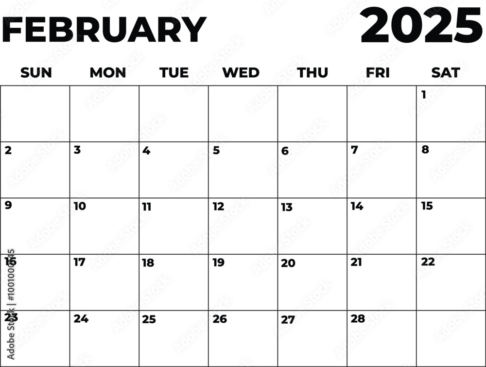Samolepka Monthly Planner February 2025, Minimalist Black and White Calendar, Sunday Start