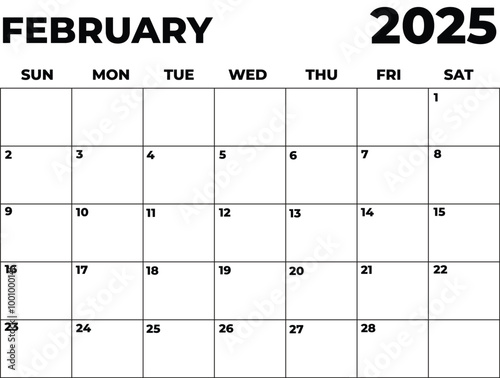 Monthly Planner February 2025, Minimalist Black and White Calendar, Sunday Start Printable Calendar, Plain calendar, Dated Monthly Planner, Simple Monthly Organizer, Landscape Monthly Planner