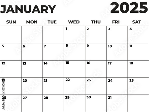 Monthly Planner January 2025, Minimalist Black and White Calendar, Sunday Start Printable Calendar, Plain calendar, Dated Monthly Planner, Simple Monthly Organizer, Landscape Monthly Planner