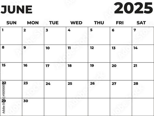 Monthly Planner June 2025, Minimalist Black and White Calendar, Sunday Start Printable Calendar, Plain calendar, Dated Monthly Planner, Simple Monthly Organizer, Landscape Monthly Planner
