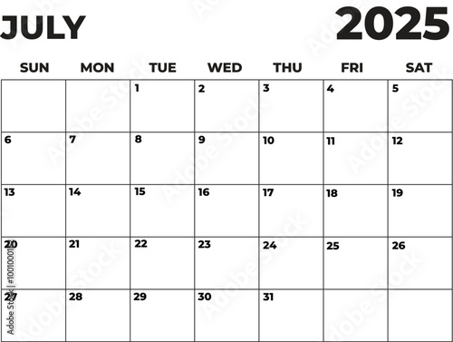 Monthly Planner July 2025, Minimalist Black and White Calendar, Sunday Start Printable Calendar, Plain calendar, Dated Monthly Planner, Simple Monthly Organizer, Landscape Monthly Planner