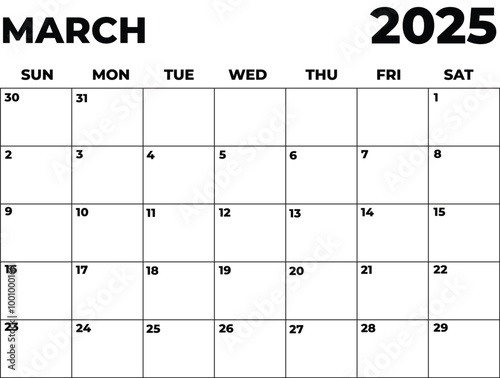 Monthly Planner March 2025, Minimalist Black and White Calendar, Sunday Start Printable Calendar, Plain calendar, Dated Monthly Planner, Simple Monthly Organizer, Landscape Monthly Planner