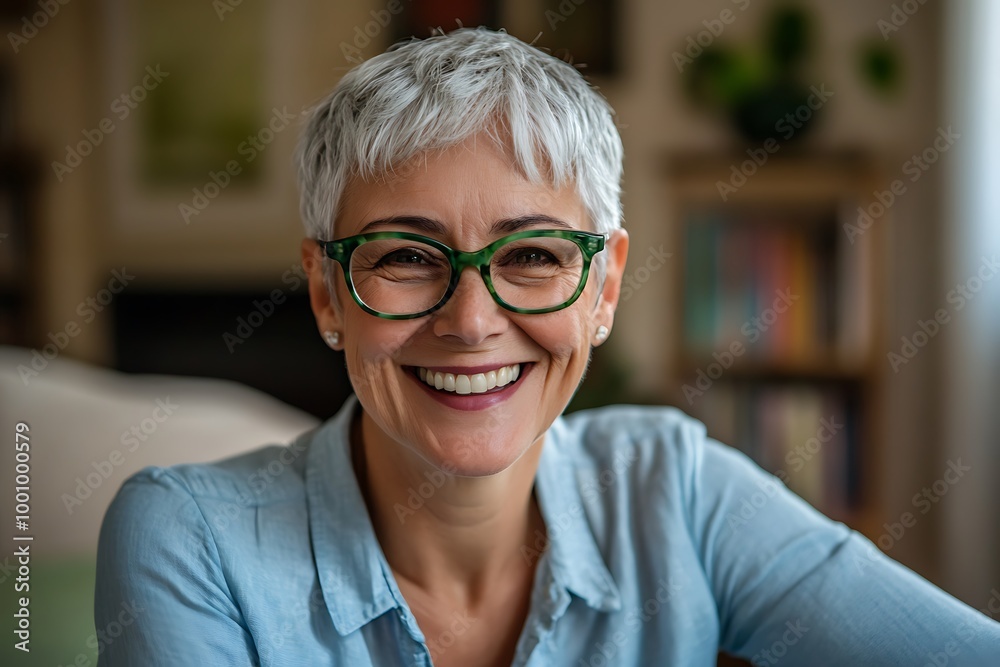 Smiling woman with glasses and short hair sitting indoors Smiling woman with glasses and short hair sitting indoors