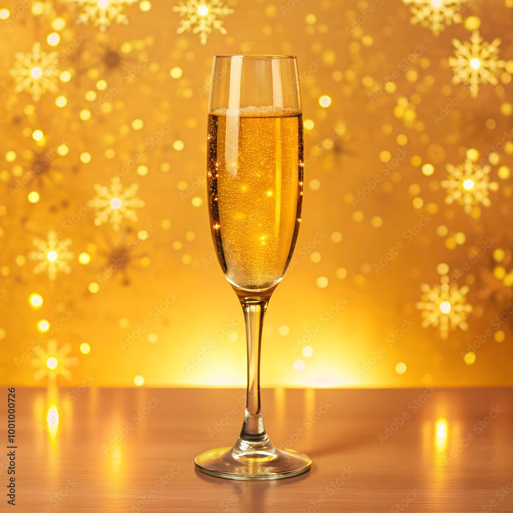 Festive background, glass of champagne, fir tree branches, snowflakes Festive background, glass of champagne, fir tree branches, snowflakes