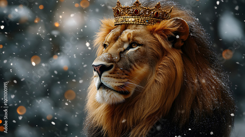 Majestic Lion Wearing a Crown Against a Snowy Mountain Background 