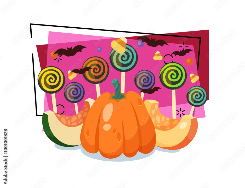 Fototapeta premium Squash and pieces of pumpkin with lollipops and flying bats on abstract background. Halloween celebration, party, holiday concept. Vector illustration can be used for banner or invitation design