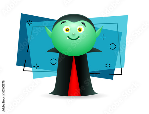 Smiling vampire wearing cape vector illustration. Positive monster with green face and sharp teeth. Halloween, horror, fantasy, party concept. Can be used for poster or banner