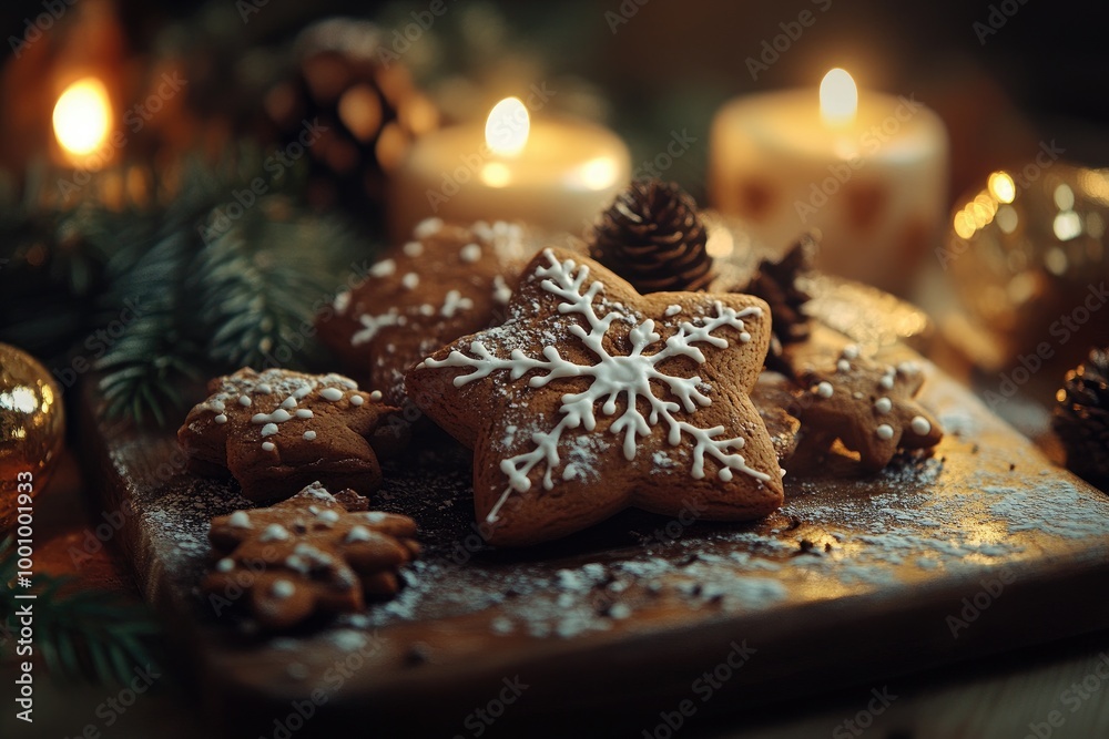 Frosted Star-Shaped Gingerbread Cookies with Candles and Pine Cones