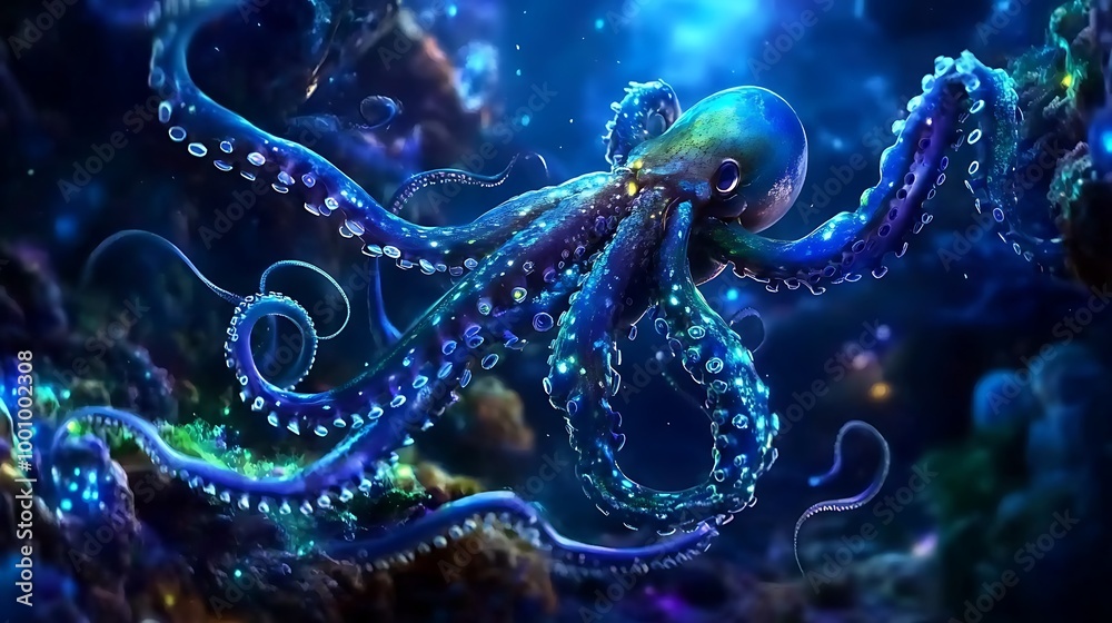 Bioluminescent Octopus in Deep Sea Coral Reef Bioluminescent Octopus in Deep Sea Coral Reef