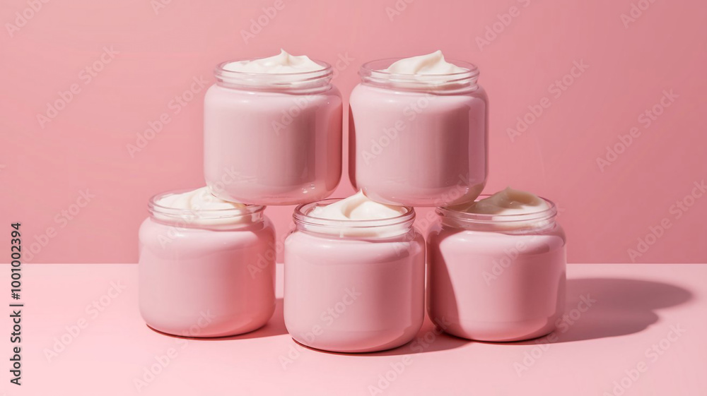 Soft Pink Body Lotion Jars on Pink Background Soft Pink Body Lotion Jars on Pink Background