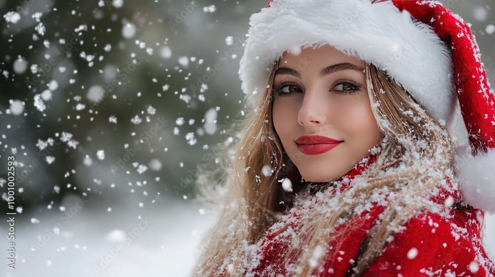 A Happy Woman Dressed as Santa Claus in a Snowy Winter Scene A Happy Woman Dressed as Santa Claus in a Snowy Winter Scene