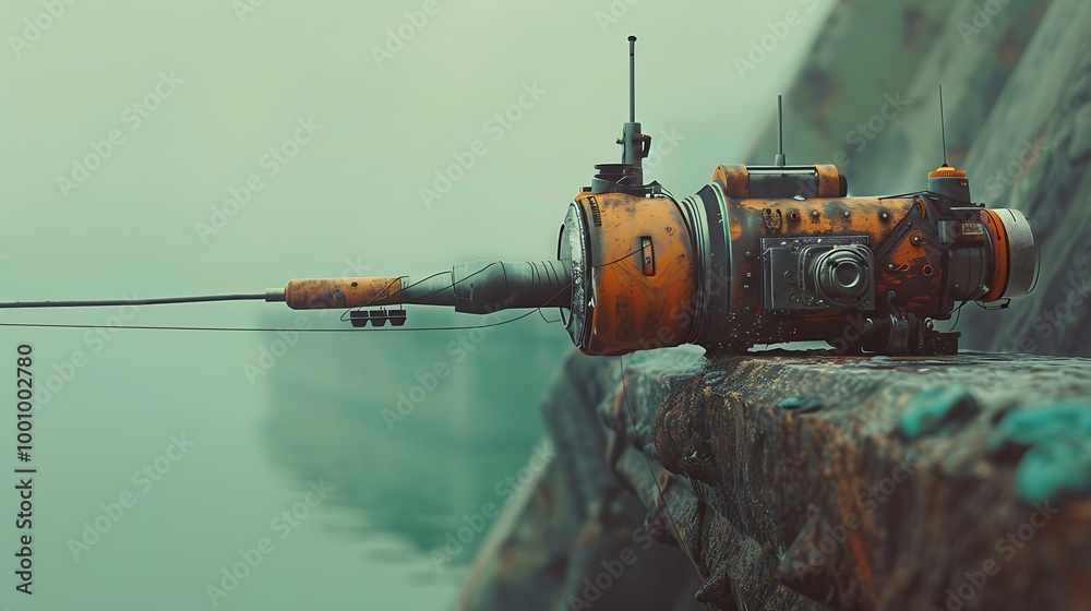 A mechanized fishing rod leaning against a ledge