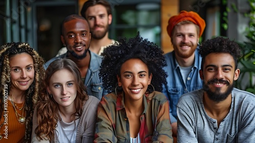 A diverse group of friends smiling together in a cozy, modern setting.