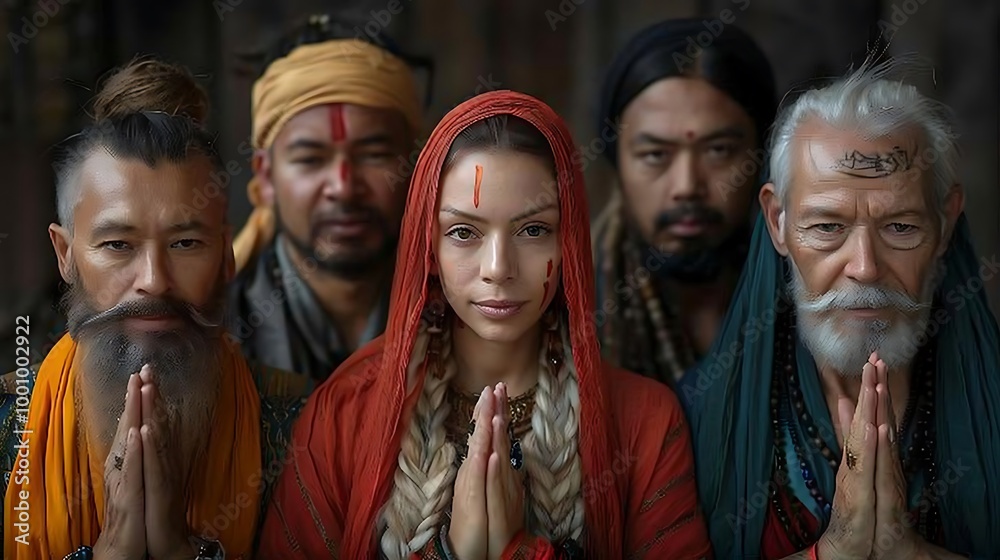 A group of individuals in traditional attire, posing with hands in prayer, showcasing cultural unity. A group of individuals in traditional attire, posing with hands in prayer, showcasing cultural unity.