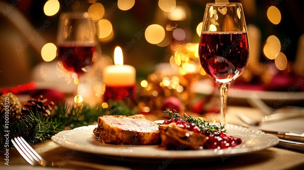Christmas Meal Set on the Table with Festive Decorations Christmas Meal Set on the Table with Festive Decorations