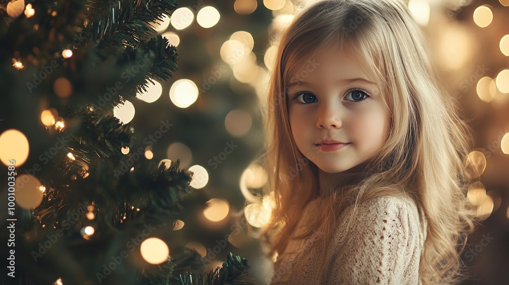Cute little girl standing by a Christmas tree Cute little girl standing by a Christmas tree