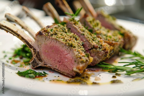 Herb-Crusted Rack of Lamb with Rosemary Garnish on White Plate, Tender and Gourmet

