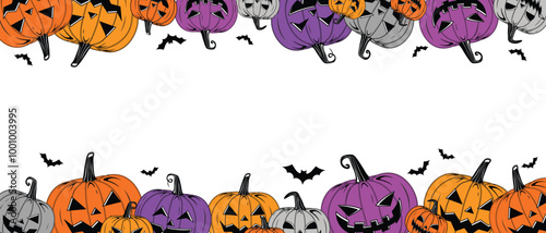 Vector Colorful Halloween Pumpkins Frame Template Isolated on White Background Vintage Style Scary Halloween pumpkins Collection with creepy face expressions Happy Halloween Trick or Treat