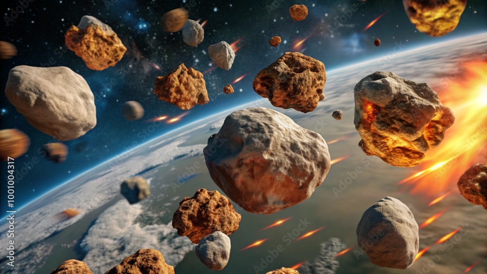 custom made wallpaper toronto digitalAsteroids swarm of boulders or stone meteorite isolated on transparent png background, flying rock in the space.