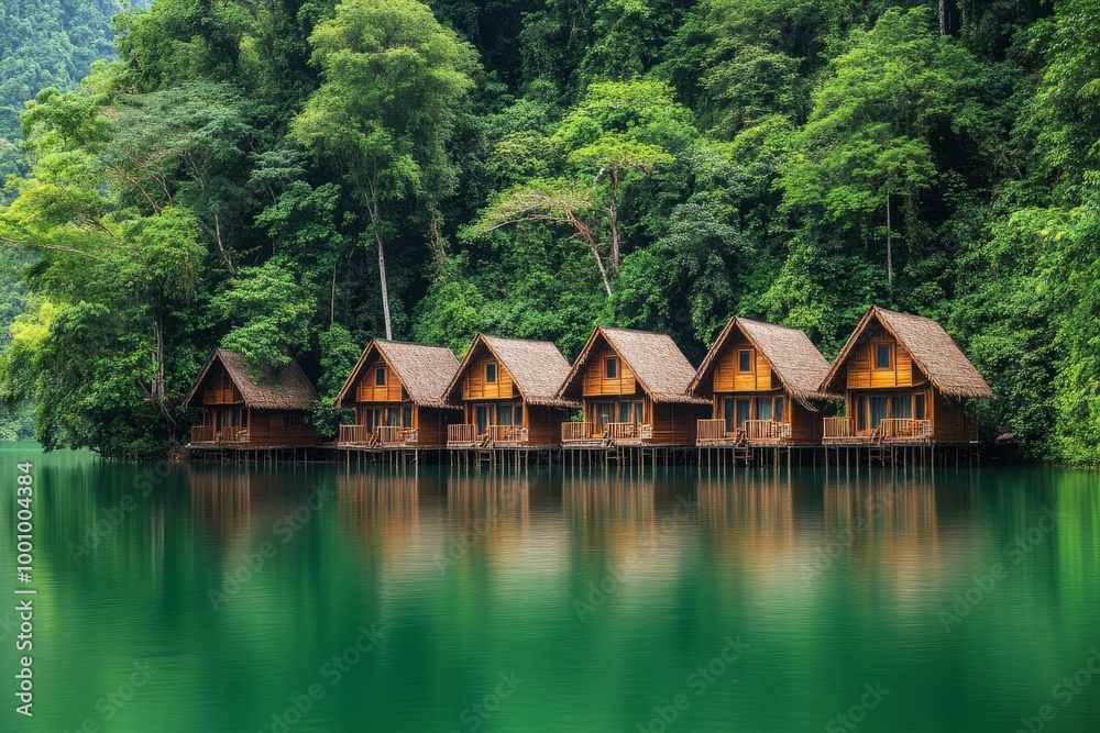 Beautiful wooden cabins on a serene lake surrounded by lush greenery. Perfect for a peaceful retreat or nature escape. A tranquil scene in a natural paradise. Generative AI Beautiful wooden cabins on a serene lake surrounded by lush greenery. Perfect for a peaceful retreat or nature escape. A tranquil scene in a natural paradise. Generative AI