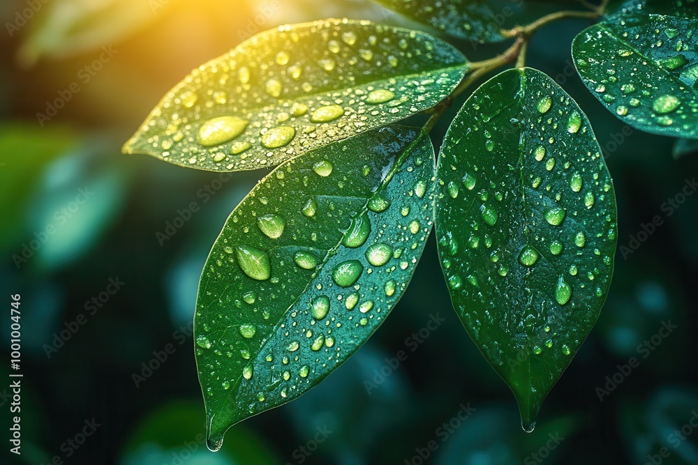 closeup of raindrops clinging to a lush green leaf highlighting natures beauty in summer with vibrant colors and a refreshing feel symbolizing freshness and vitality