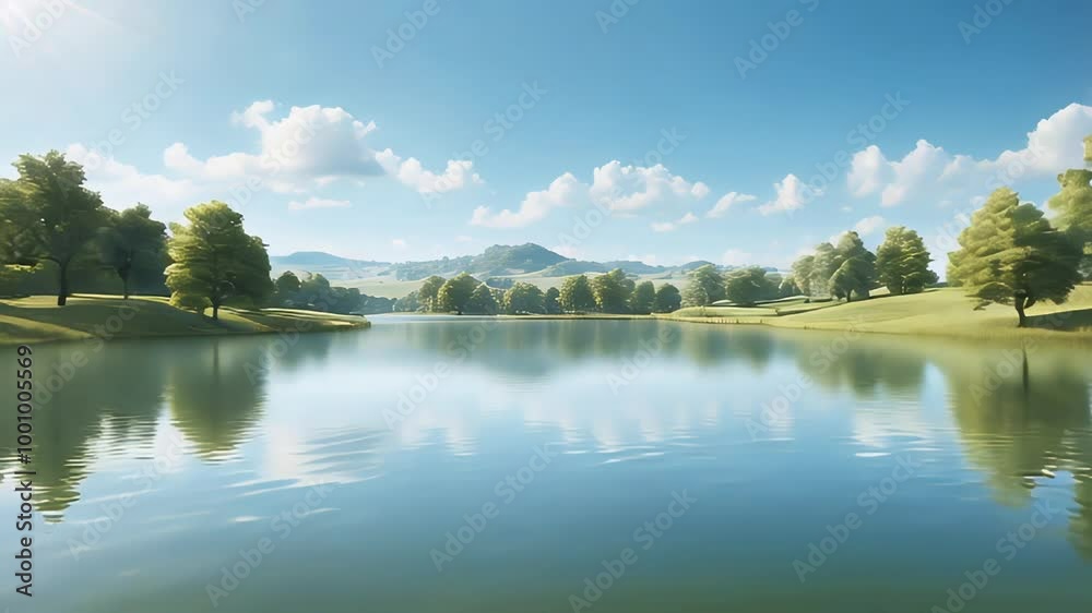 Photo Realistic Summer Day Serenity: Peaceful Countryside Lake Scene Under Bright Sky for Tranquil Business Presentations Photo Realistic Summer Day Serenity: Peaceful Countryside Lake Scene Under Bright Sky for Tranquil Business Presentations