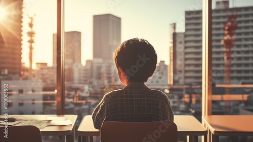 A child gazing out of a window at a city skyline during sunset, capturing a moment of reflection and inspiration.