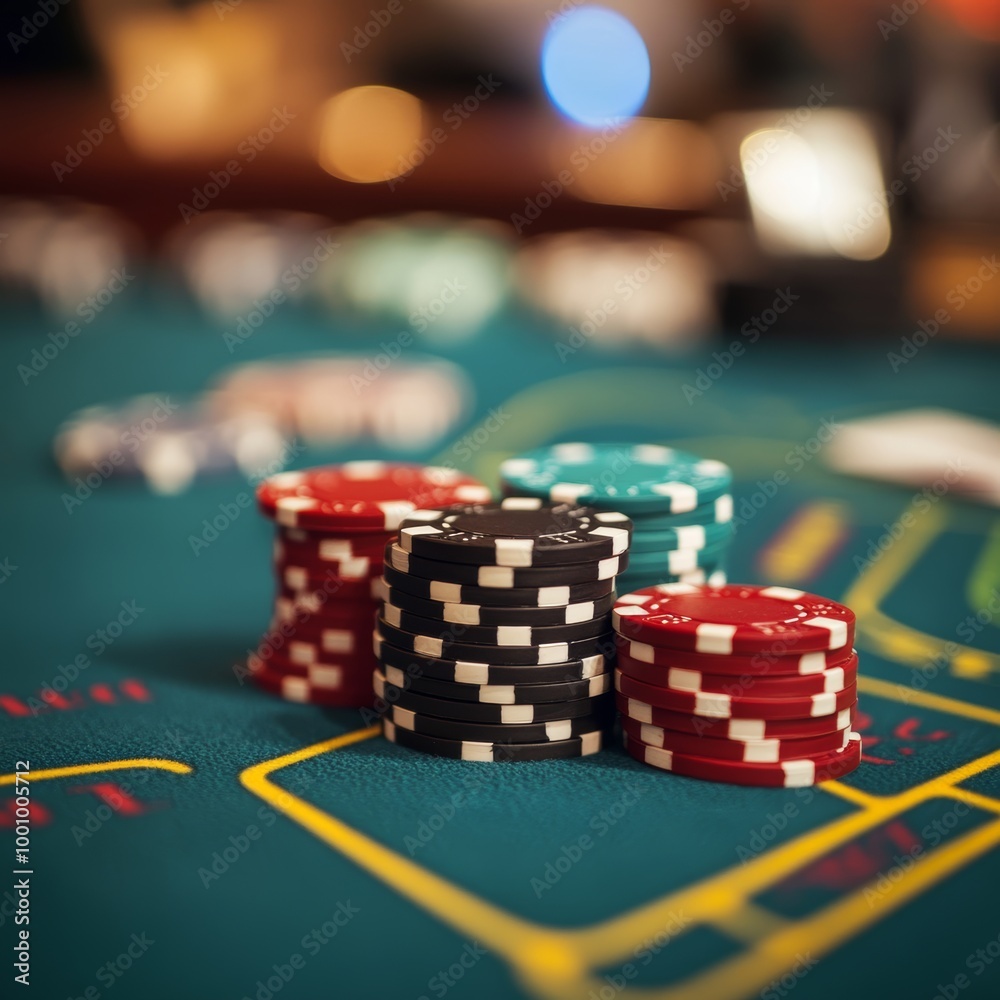 Casino chips on green table with bokeh background, gambling concept Casino chips on green table with bokeh background, gambling concept