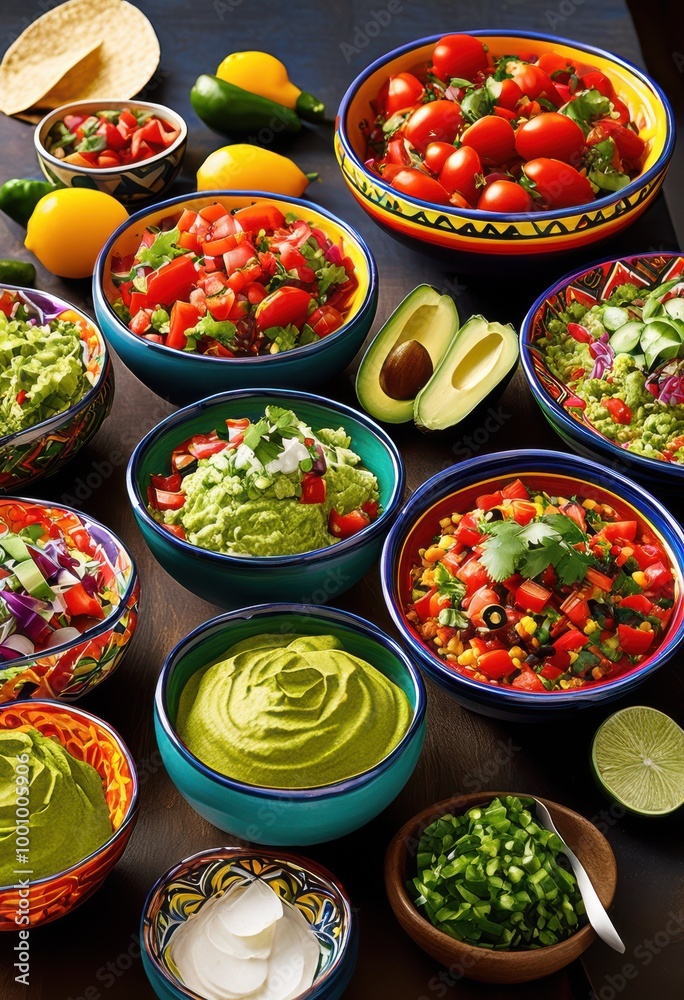 vibrant taco display colorful ceramic bowls showcasing fresh ingredients bold colors festive culinary presentation, food, garnish, salsa, lime, onion vibrant taco display colorful ceramic bowls showcasing fresh ingredients bold colors festive culinary presentation, food, garnish, salsa, lime, onion