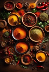 Tableau sur toile  vibrant spices displayed diverse culinary arrangements rich textures colors fantastic cooking inspiration, herbs, turmeric, cumin, paprika, coriander, ginger  © Yaroslava