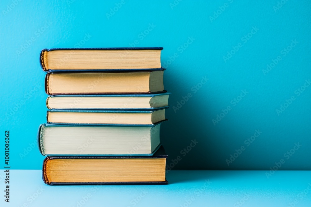 Stack of Hardcover Books Against a Light Blue Background Stack of Hardcover Books Against a Light Blue Background