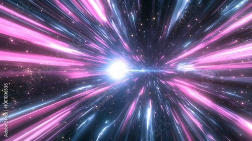  Neon speed rays abstract background. A burst of pink light energy. The movement of luminous purple rays in space. 