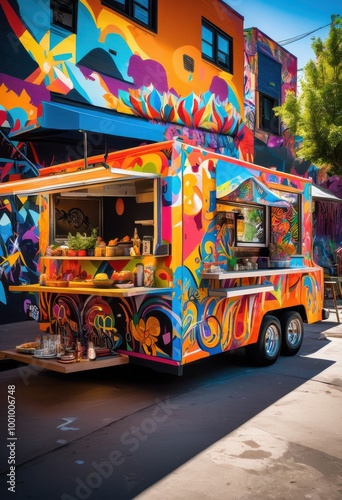 vibrant food truck set dynamic colorful urban mural creating street art scene full life culture, cities, graphics, paintings, design, community, outdoor, wall