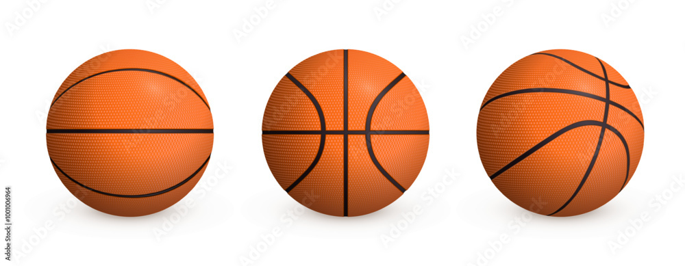 Orange basketball balls collection with shadow isolated on white background. Realistic vector sport inventory. Team sports items set. Orange basketball balls collection with shadow isolated on white background. Realistic vector sport inventory. Team sports items set.