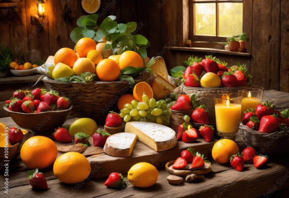vibrant arrangement colorful food items artfully displayed rustic wooden surface, vegetables, fruits, herbs, grains, texture, freshness, organic, culinary