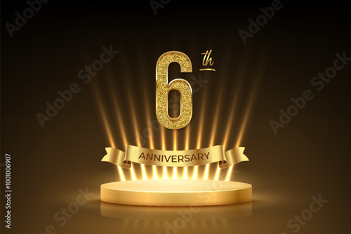 Sixth anniversary gold award podium. 6 year celebration birthday or jubilee golden vector background. Luxury stage with glowing rays, glittering number 6 and ribbon with text anniversary on black.