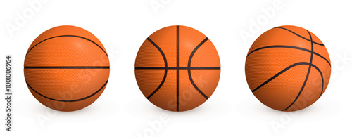Orange basketball balls collection with shadow isolated on white background. Realistic vector sport inventory. Team sports items set.