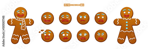 Gingerbread man cookies with different emotions set. Christmas ginger man vector illustration. Happy, cheerful, cute, sad, angry, funny faces of traditional sweet Xmas ginger biscuits.