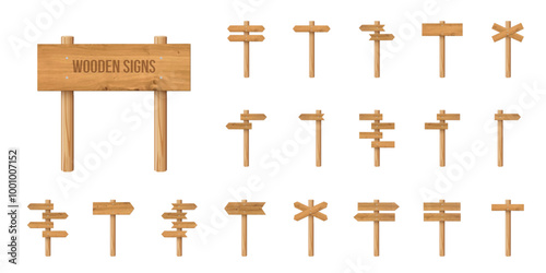 3d wooden signboards set vector illustration. Realistic wood sign posts. Blank arrows with wood texture, plywood road pointers.
