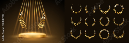 Gold award podium with laurel wreath and set of different golden laurel wreaths vector illustration. Luxury templates for glamour product presentation, winner ceremony.