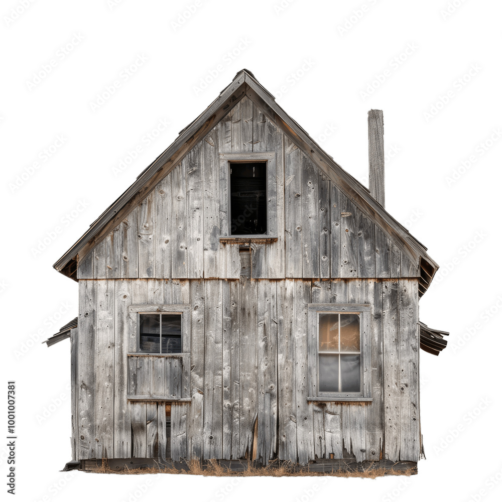 Old abandoned wooden house falling apart with boarded up windows is slowly being reclaimed by nature Old abandoned wooden house falling apart with boarded up windows is slowly being reclaimed by nature