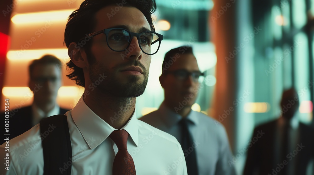 Fototapeta premium A focused businessman in a suit stands confidently in an office setting, surrounded by colleagues in a modern corporate environment.
