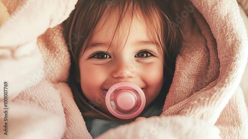 A happy baby wrapped in a soft blanket, smiling with a pacifier. Perfect for family, joy, and childhood themes. photo