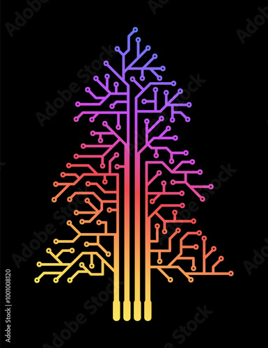 Christmas tree made of electronic circuit in the technical style. New year decorative picture in rainbow on black for congratulations, decoration of premises, books, posters, print on clothes.